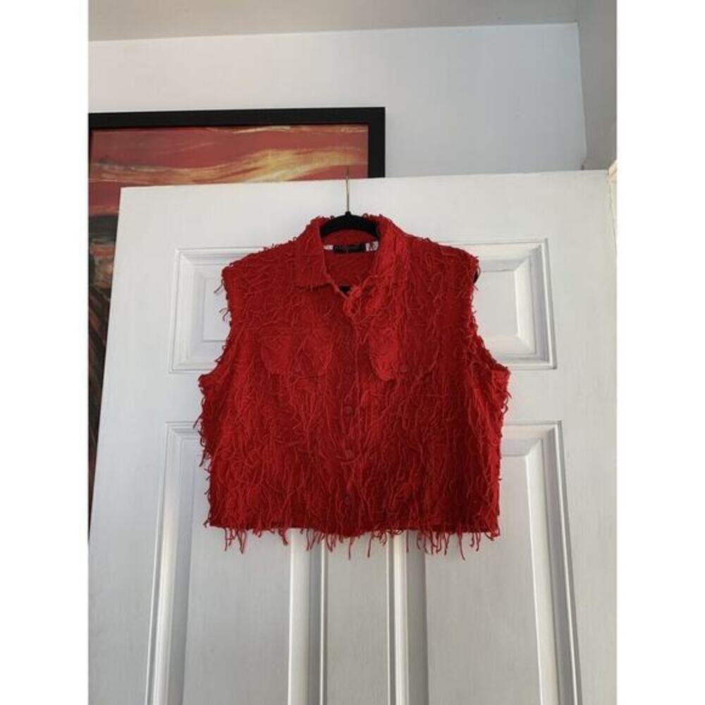 Estefanie's Collection Large Short Sleeved Button-up Shirt Vest Red‎ String